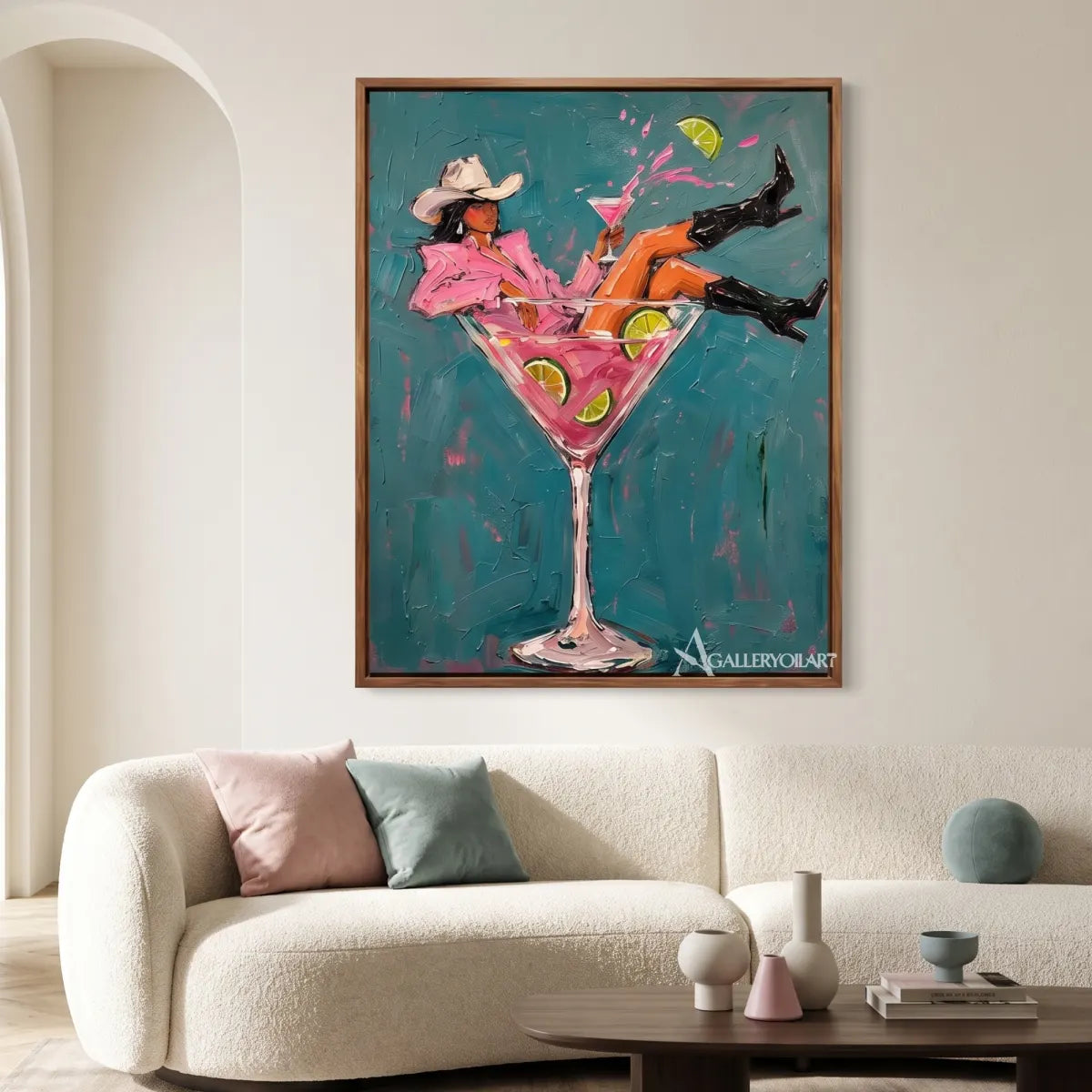 cocktail cowgirl pop-art blue wall art in a warm modern interior 5