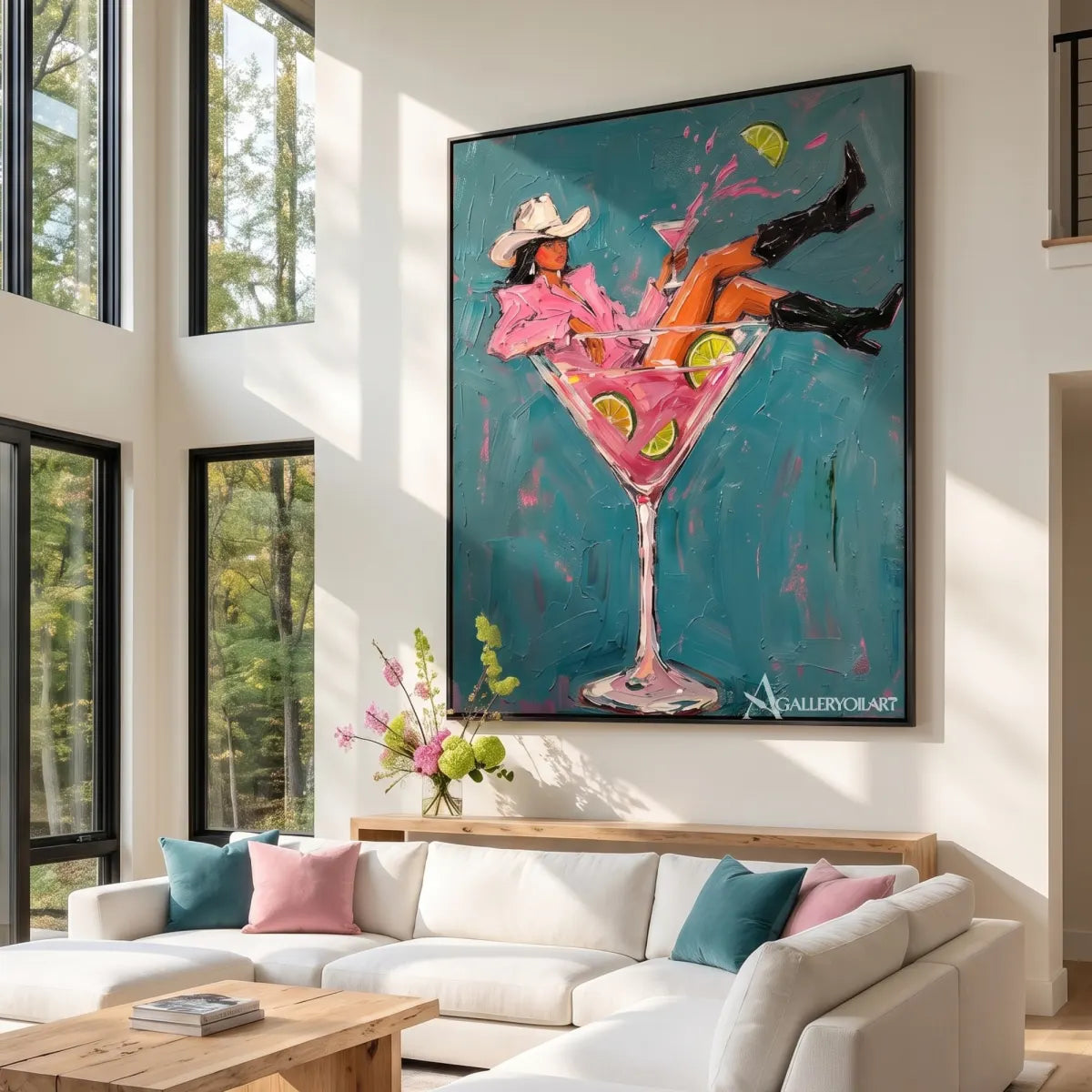 cocktail cowgirl pop-art blue wall art in a warm modern interior 6