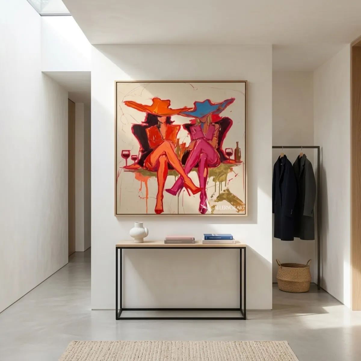 Pop-Art-two-fashionable-women-with-cocktails-pink-wall-art-in-entryway