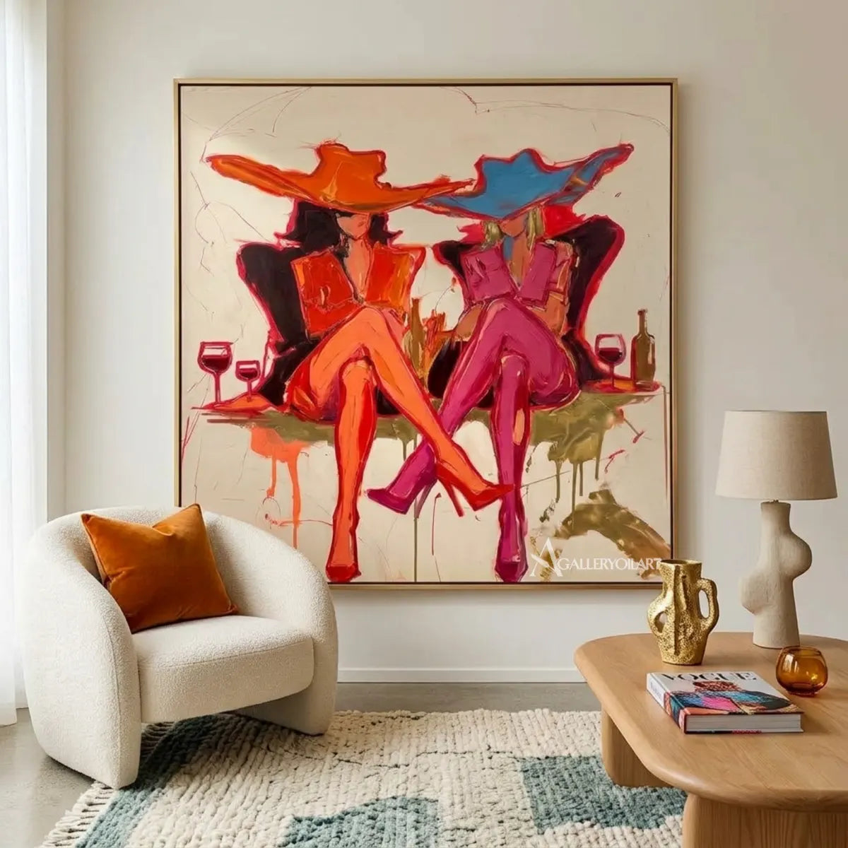 Pop-Art-two-fashionable-women-with-cocktails-pink-wall-art-in-gallery-interior