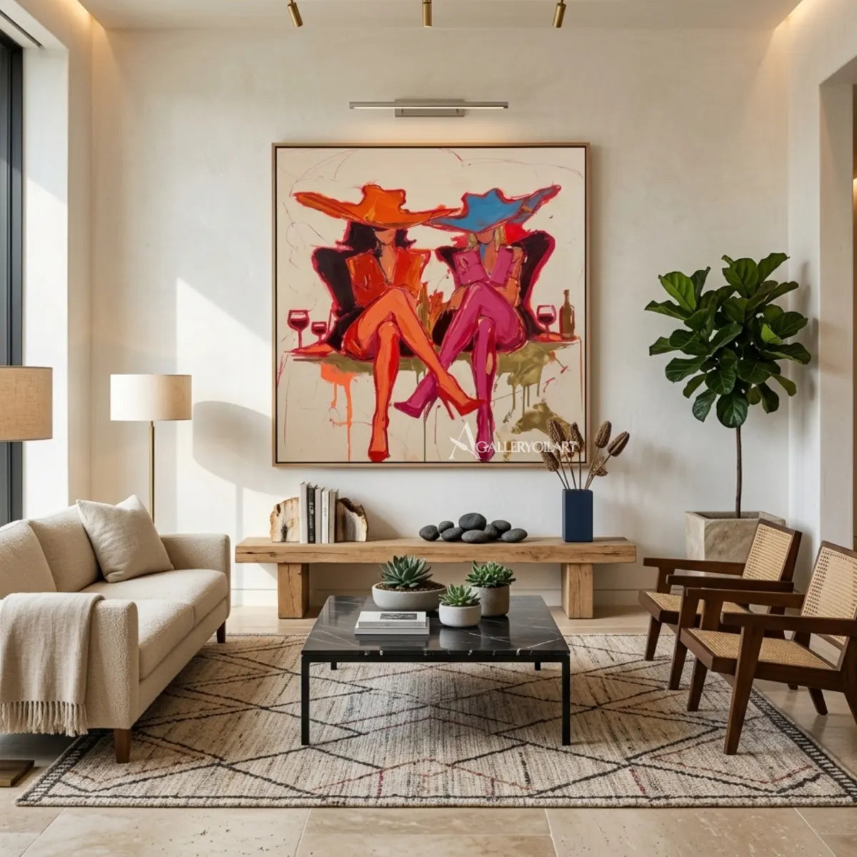 Pop-Art-two-fashionable-women-with-cocktails-pink-wall-art-in-gathering-space