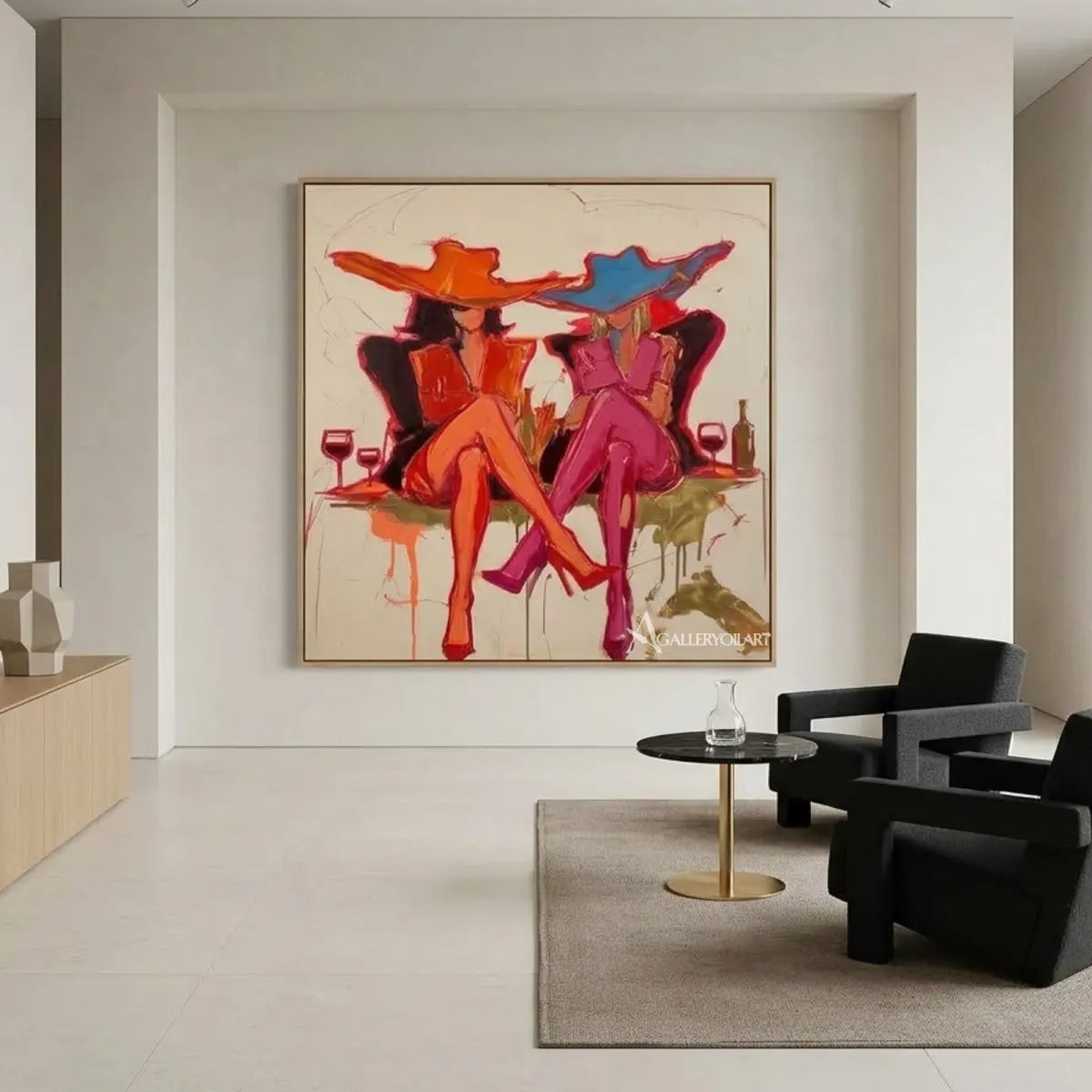 Pop-Art-two-fashionable-women-with-cocktails-pink-wall-art-in-minimalist-interior