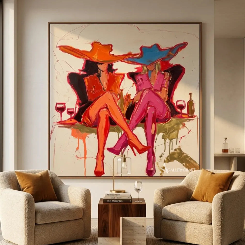 Pop-Art-two-fashionable-women-with-cocktails-pink-wall-art-in-private-lounge