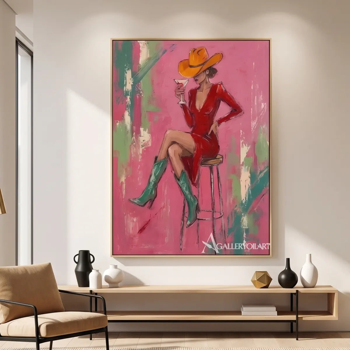 Pop-Art-cocktail-hat-poise-in-a-minimalist-architectural-interior-with-pink-and-red-brushwork