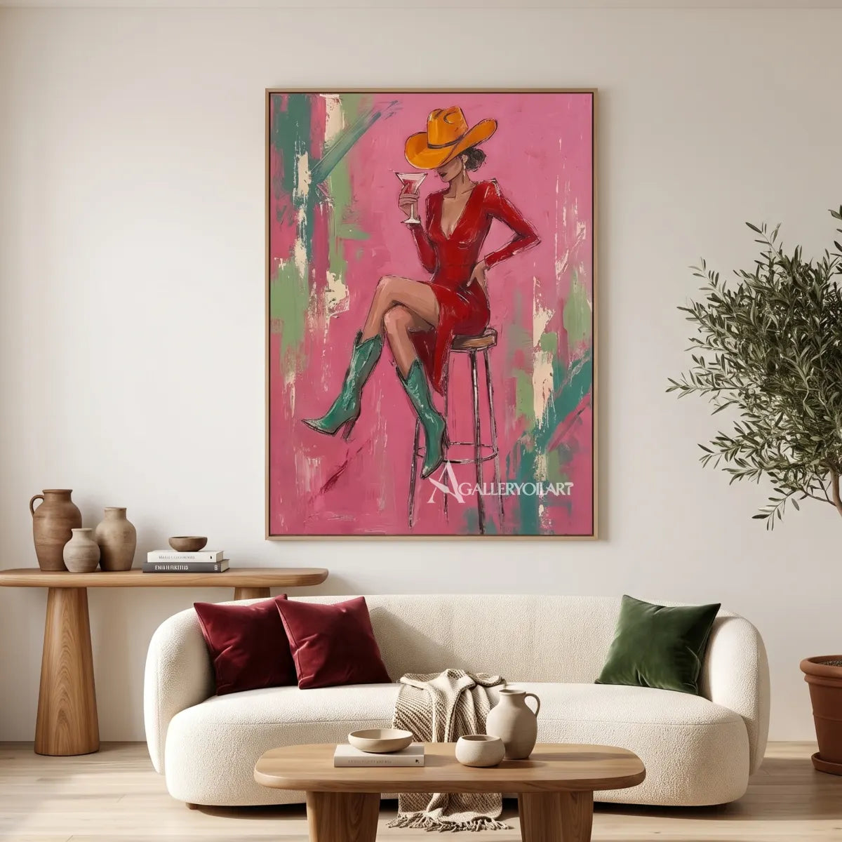 Pop-Art-cocktail-hat-poise-in-a-gallery-space-with-pink-and-red-brushwork
