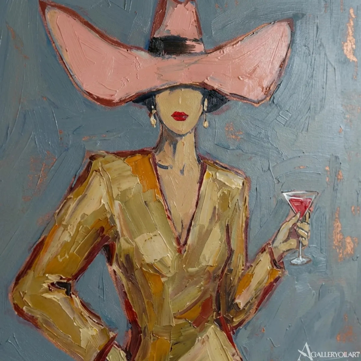 Woman-in-a-pink-wide-brim-hat-holding-a-cocktail-in-pop-art-blue-wall-art-in-detail