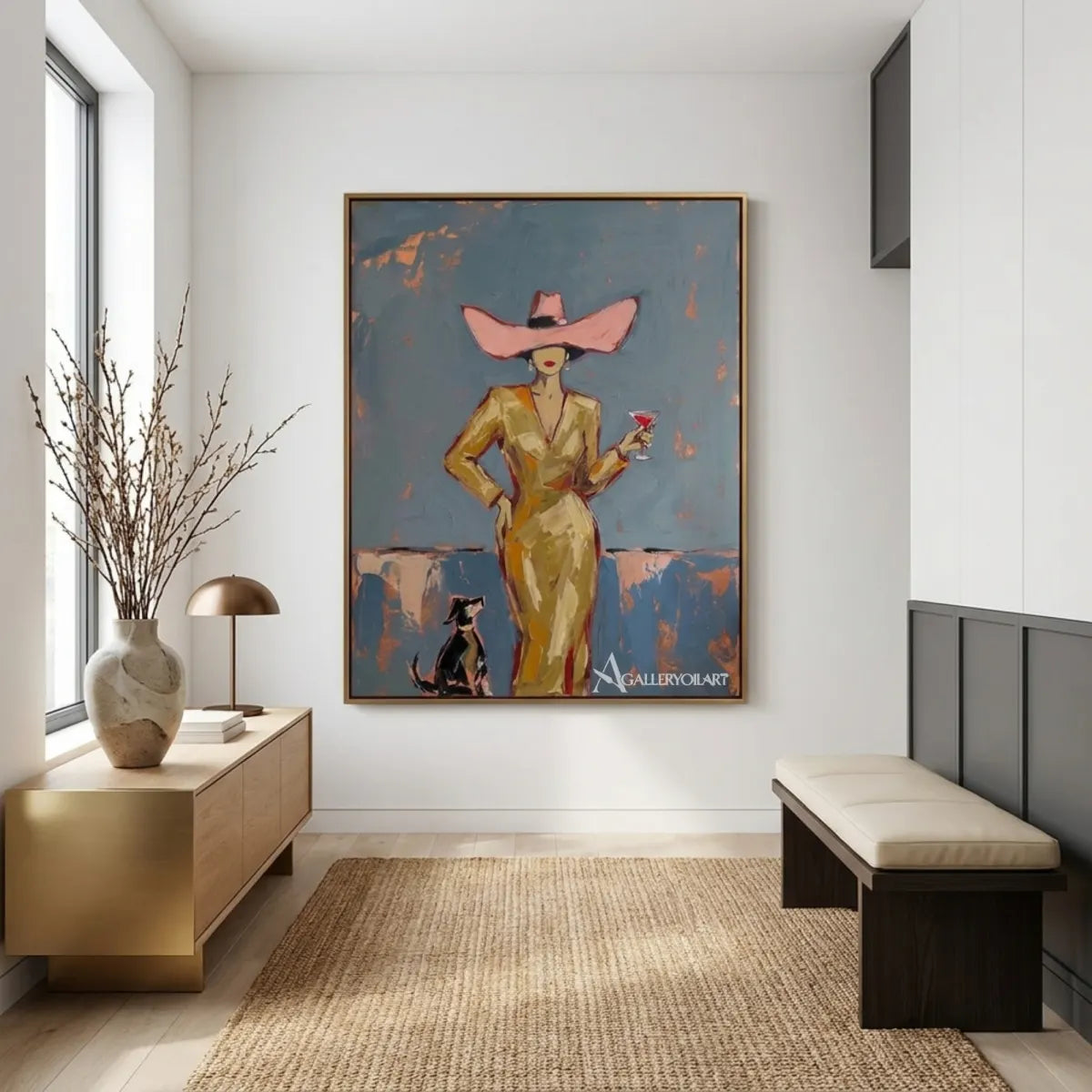 Woman-in-a-pink-wide-brim-hat-holding-a-cocktail-in-pop-art-blue-wall-art-in-entryway