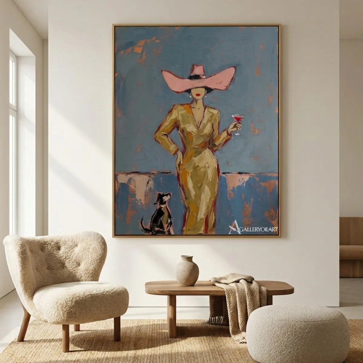 Woman-in-a-pink-wide-brim-hat-holding-a-cocktail-in-pop-art-blue-wall-art-in-gallery