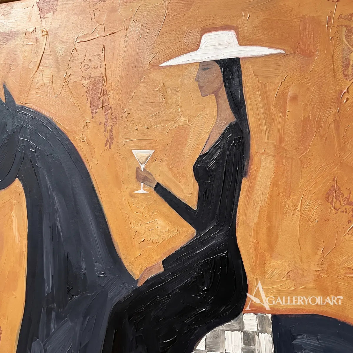 Western Cowboy horsewoman in a wide hat holding a cocktail on a dark horse-in-detail