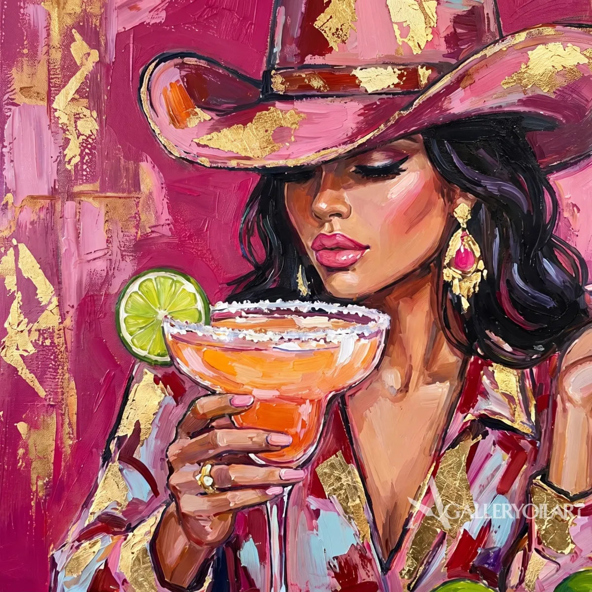 a stylish woman in a wide-brim hat holding a citrus cocktail-pop-art-pink-painting-detail