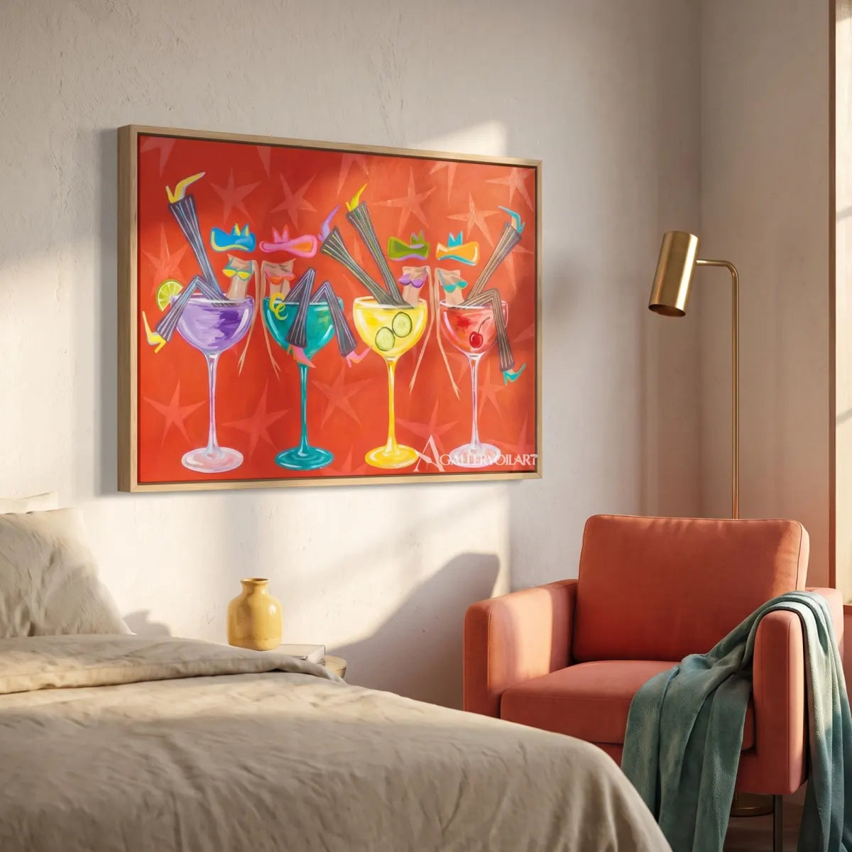 cocktail quartet pop-art red wall art in a warm modern interior 1