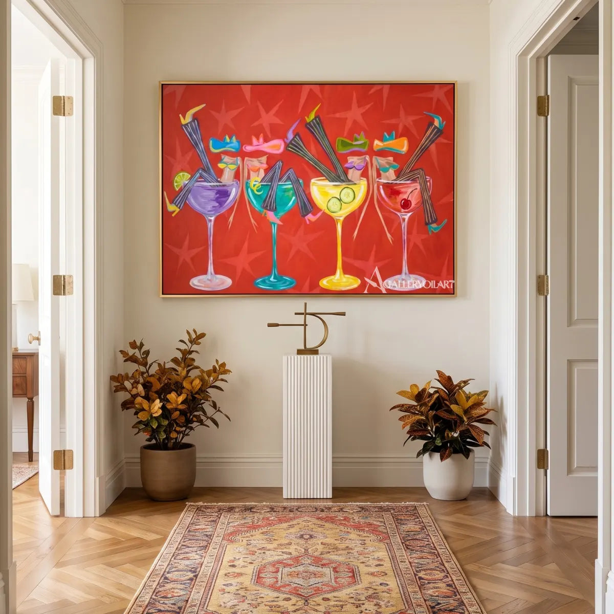 cocktail quartet pop-art red wall art in a warm modern interior 4