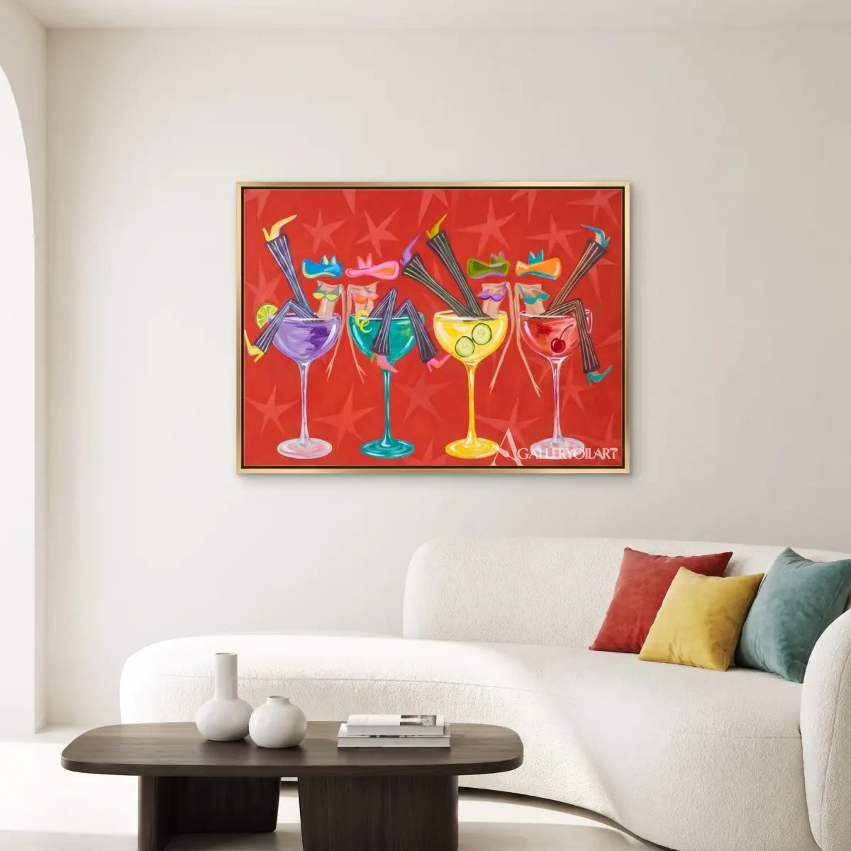 cocktail quartet pop-art red wall art in a warm modern interior 7