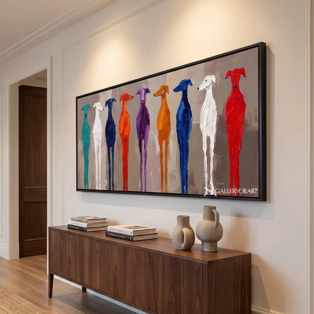 Angled view of colorful bird wall art with blue, orange, red, and turquoise figures in a modern living room.