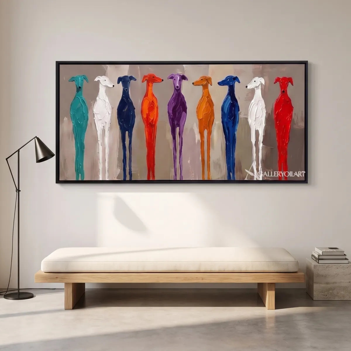 Colorful row of birds in animal art with blue and turquoise accents displayed above a bench in a minimalist room.