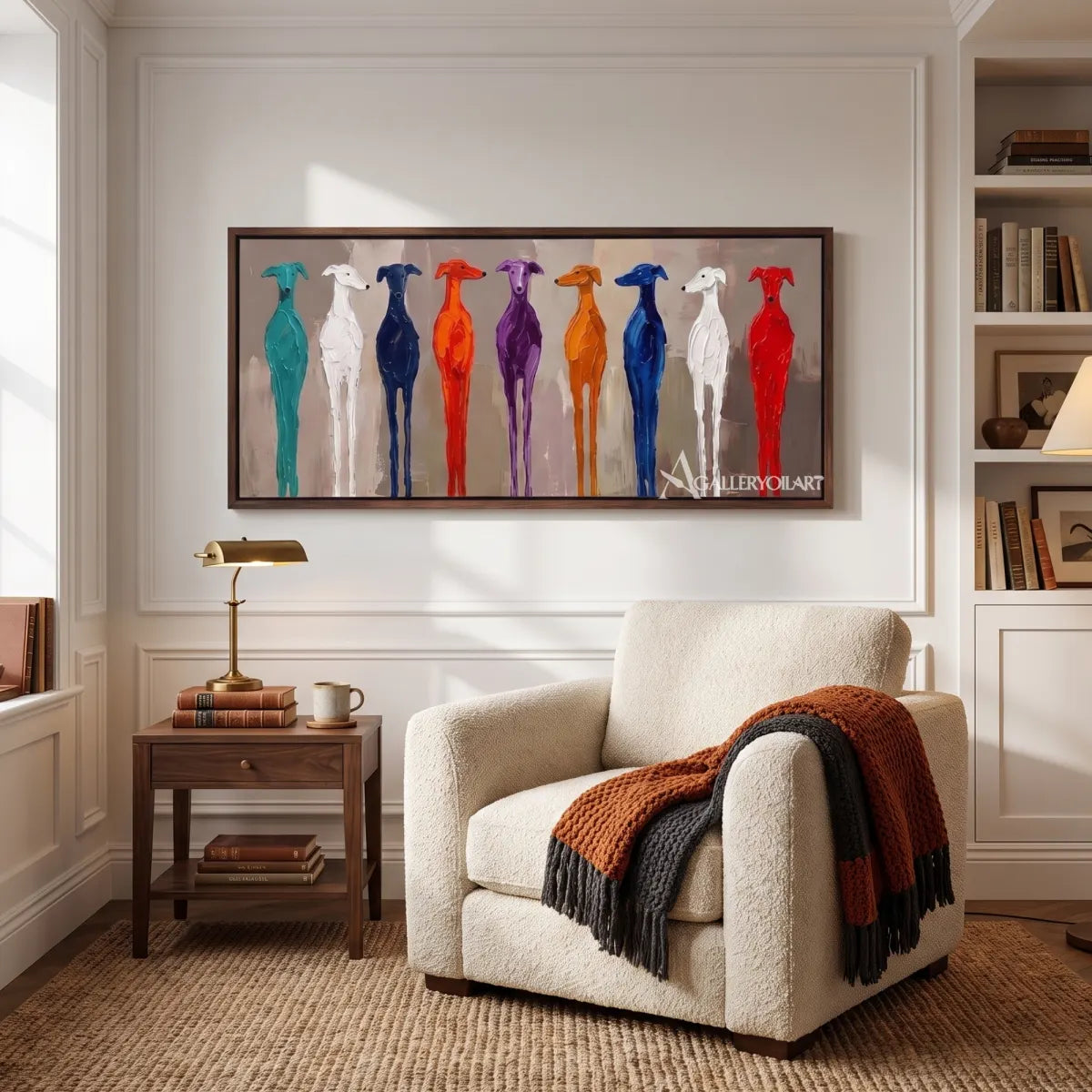 Colorful bird painting in animal art with blue, red, and orange accents above a sofa in a cozy living room.