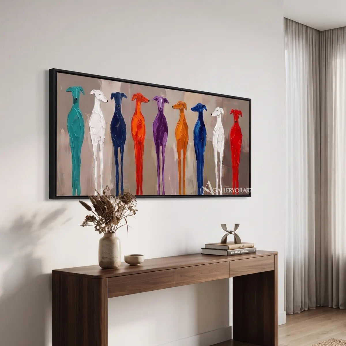 Colorful row of birds in animal art with blue and turquoise accents above a console table in a softly lit interior.
