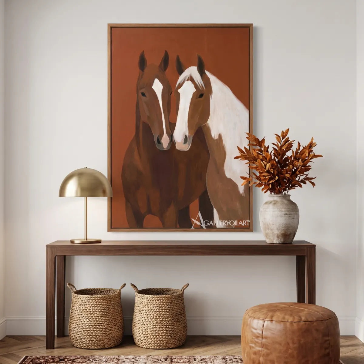 two-companion-horses-animal-art-Brown-wall-art-in-modern-entryway