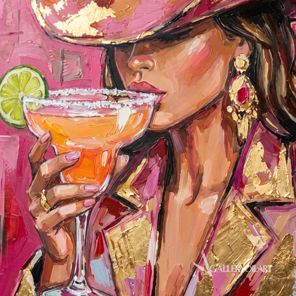 Pop art woman in a cowboy hat holding a citrus cocktail-in-detail