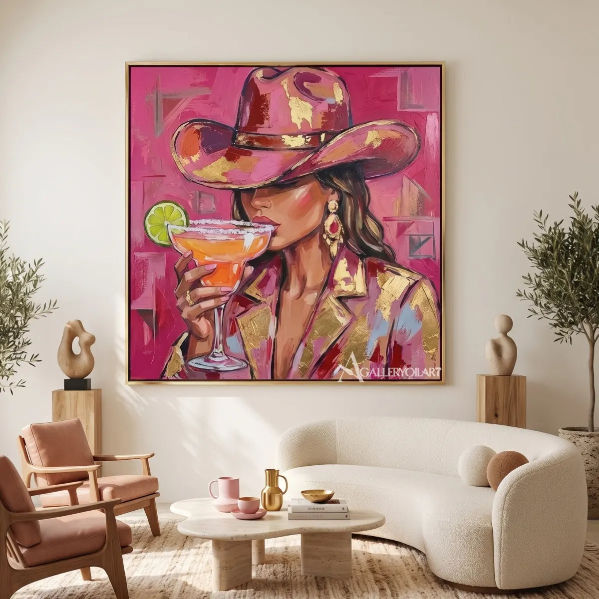 Pop art woman in a cowboy hat holding a citrus cocktail-in-entryway