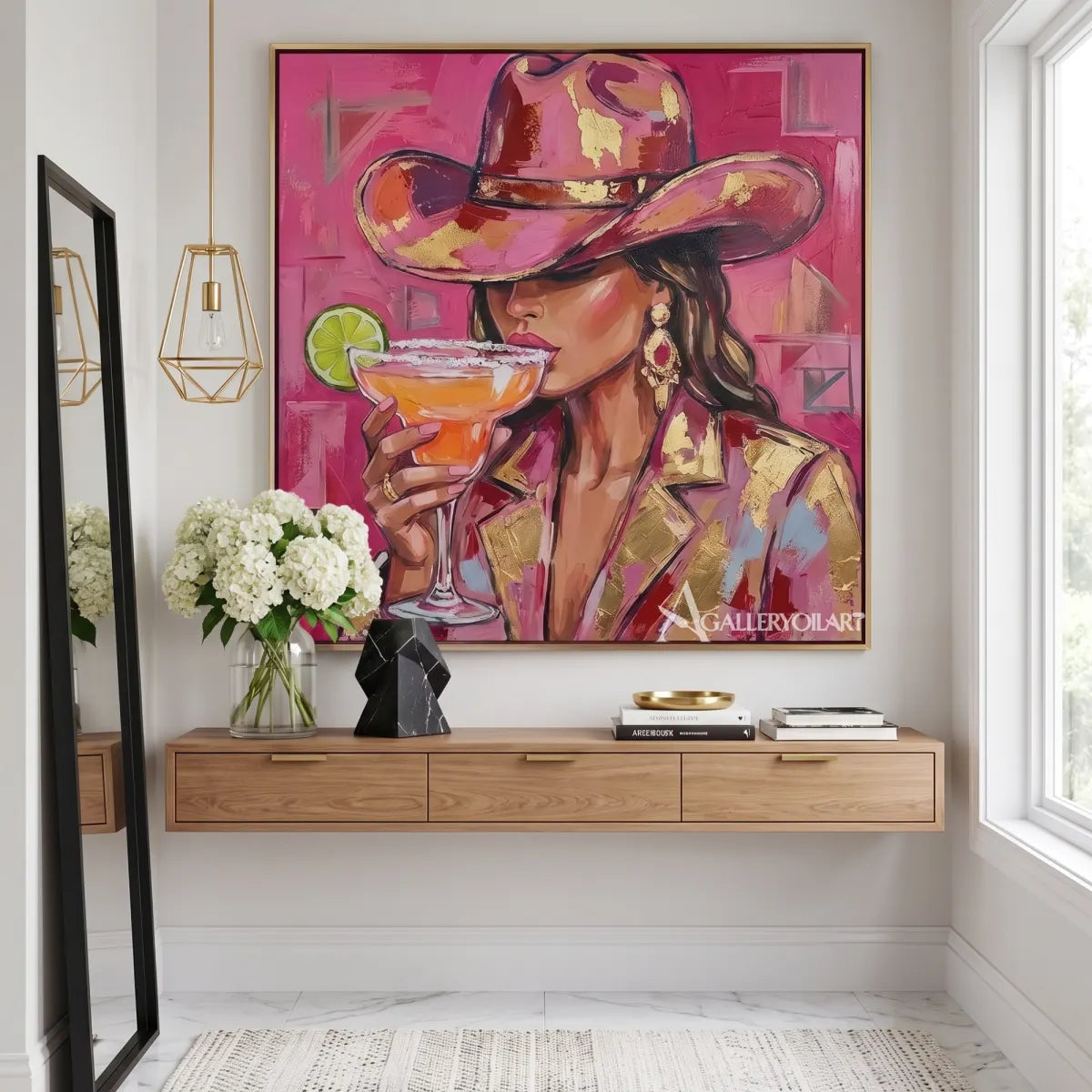 Pop art woman in a cowboy hat holding a citrus cocktail-in-gallery