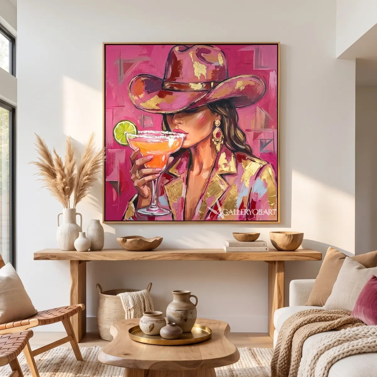 Pop art woman in a cowboy hat holding a citrus cocktail-in-gathering-room