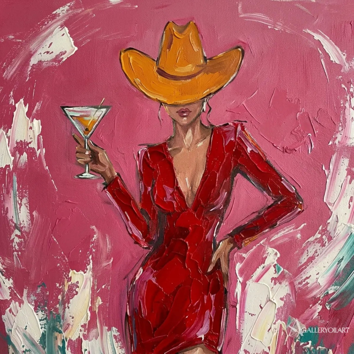 Woman-in-a-cowboy-hat-holding-a-cocktail-in-pop-art-pink-wall-art-in-detail