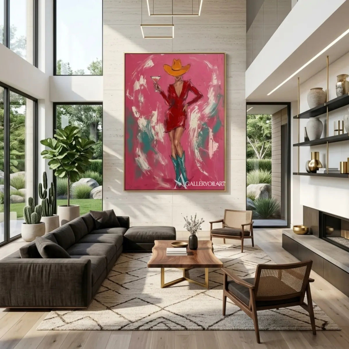 Woman-in-a-cowboy-hat-holding-a-cocktail-in-pop-art-pink-wall-art-in-double-height-room
