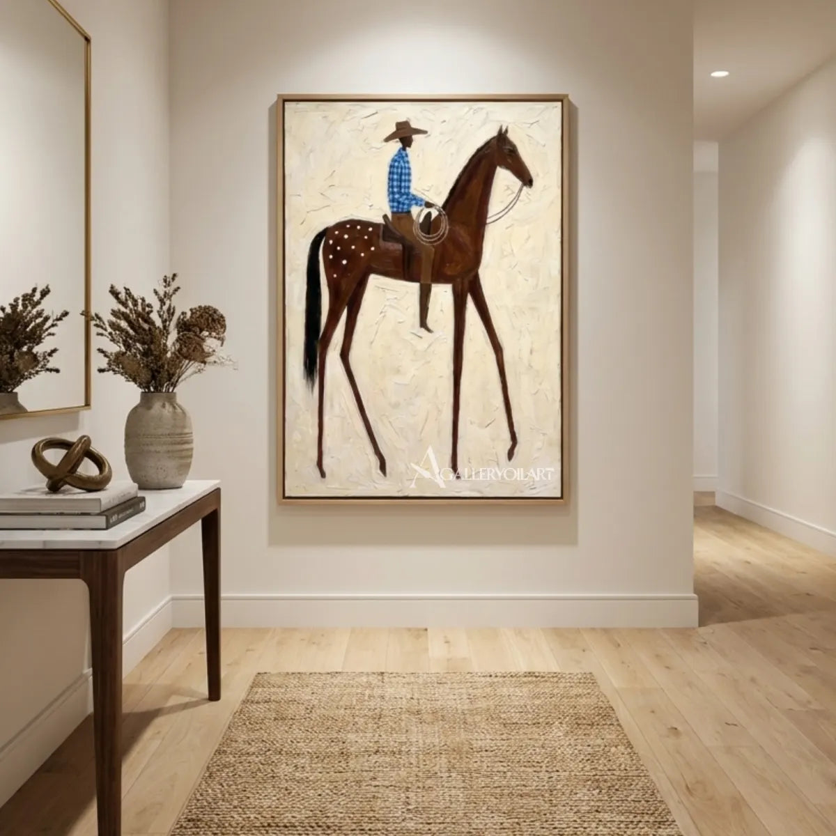 Textured-cowboy-rider-and-brown-horse-western-wall-art-in-transitional-corridor