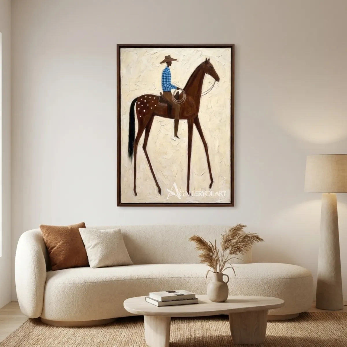 Textured-cowboy-rider-and-brown-horse-western-wall-art-in-minimalist-gallery