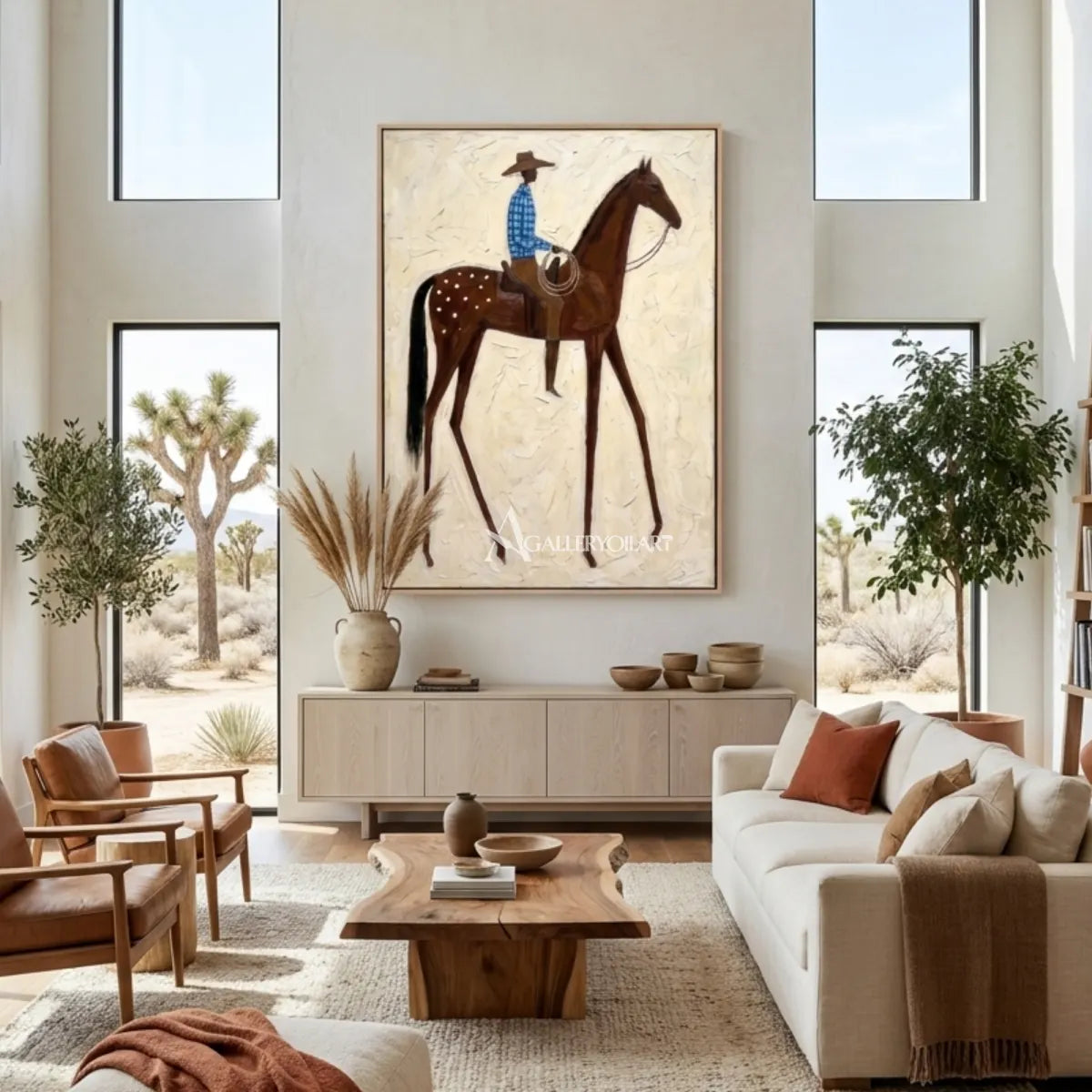 Textured-cowboy-rider-and-brown-horse-western-wall-art-in-contemporary-living-room