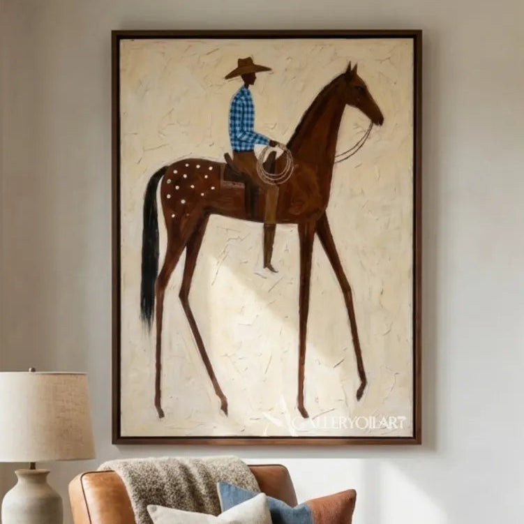 Textured-cowboy-rider-and-brown-horse-western-wall-art-in-private-lounge