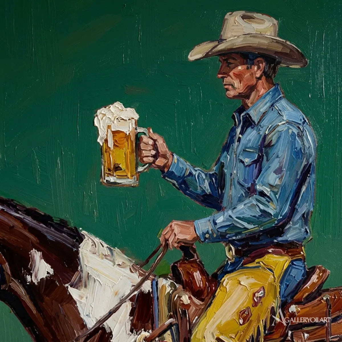 Western cowboy toasting rider animal wall art in brown tones in a detail