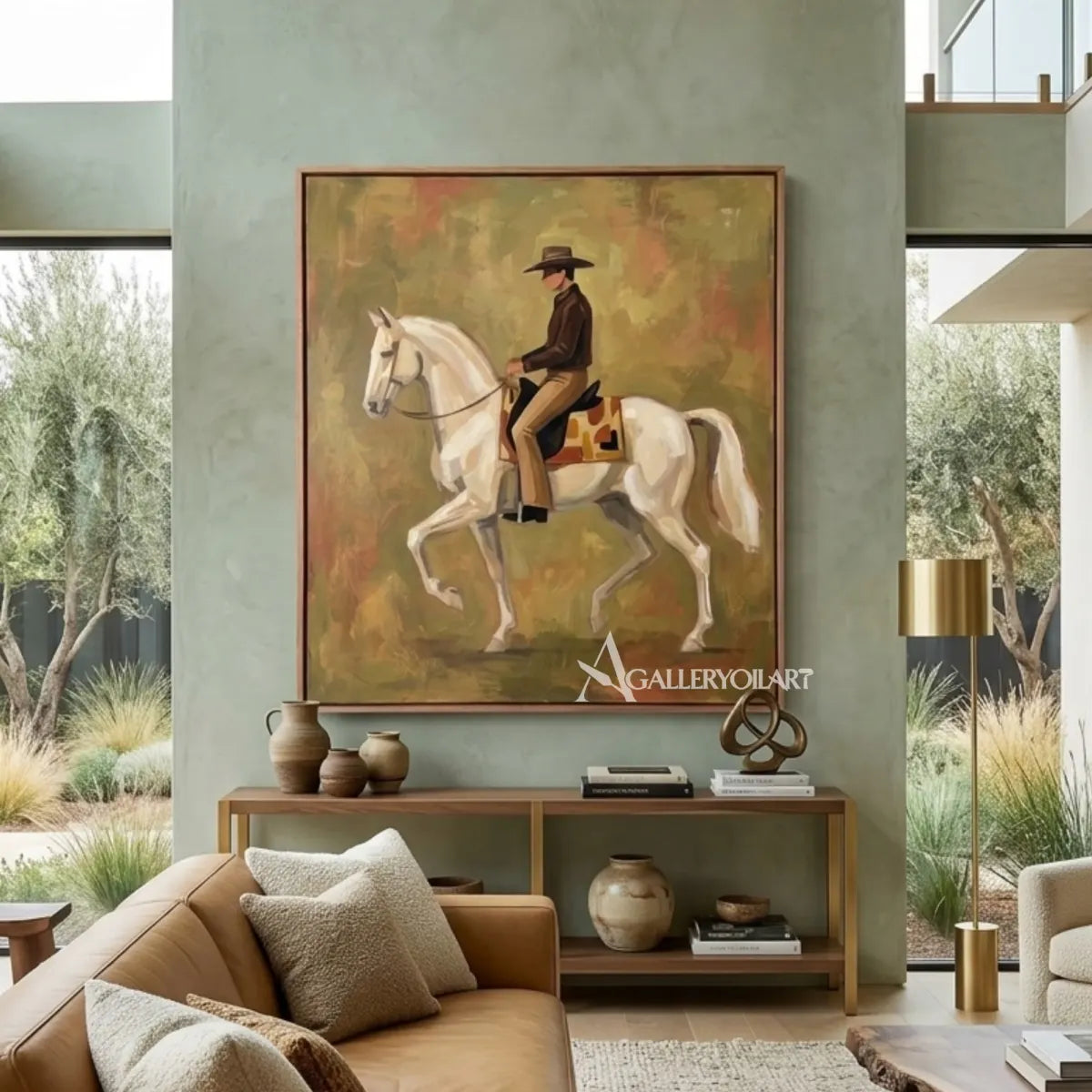 Cowboy-on-white-horse-western-cowboy-art-in-a-contemporary-living-room-with-earthy-green-accents