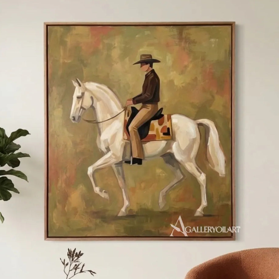 Cowboy-on-white-horse-western-cowboy-art-displayed-in-a-gallery-interior-with-muted-green-tones