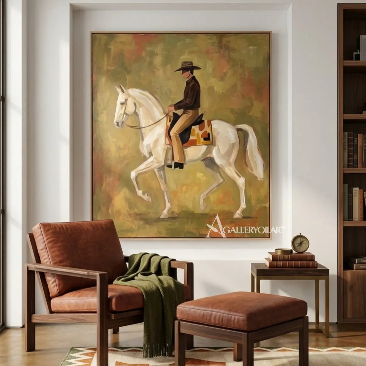 Cowboy-on-white-horse-western-cowboy-art-in-a-private-lounge-with-muted-green-and-neutral-tones