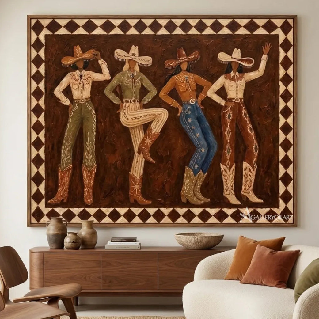 Western Cowboy-Brown-and-sage-green-cowgirl-wall-art-in-a-gallery