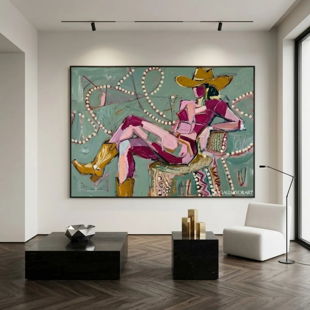 Seated-cowgirl-in-a-wide-brim-hat-in-western-cowboy-pink-wall-art-in-entryway