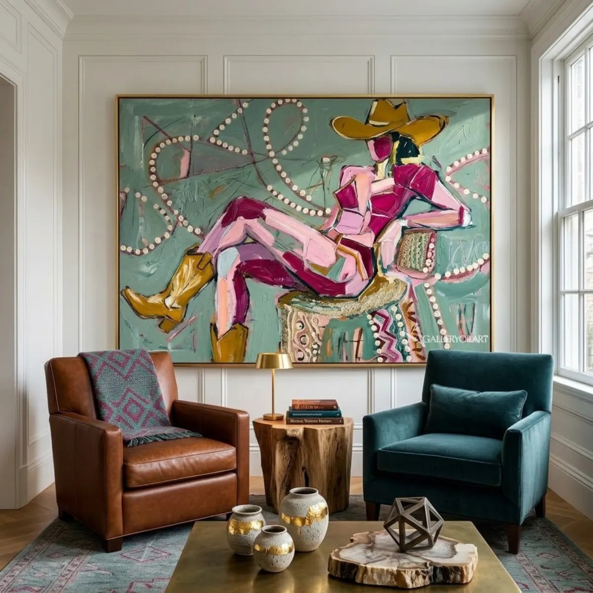 Seated-cowgirl-in-a-wide-brim-hat-in-western-cowboy-pink-wall-art-in-gathering-room