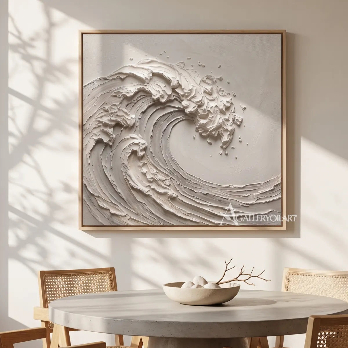 Sea beach art showing a sculpted curling wave in warm beige tones in a dining-room