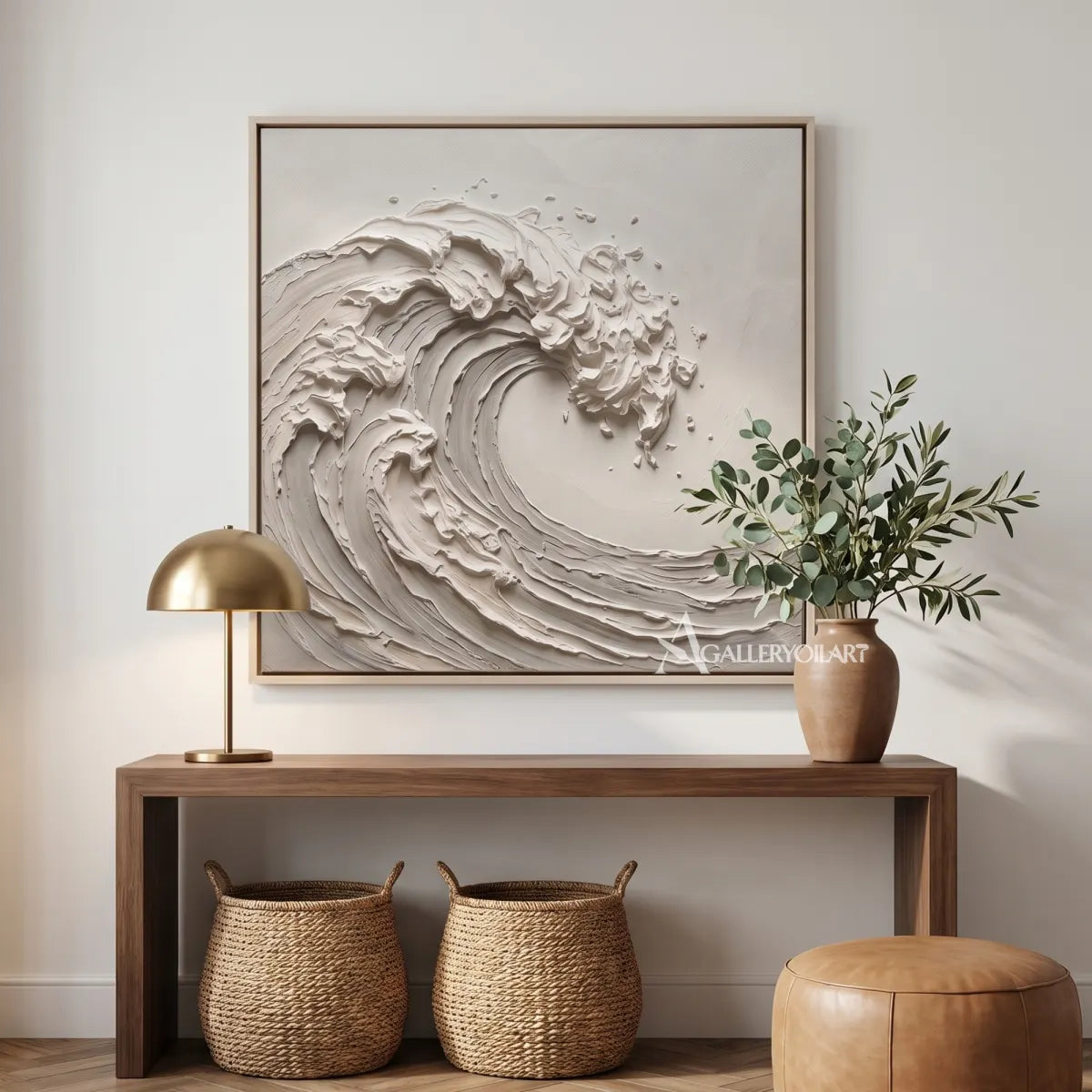 Sea beach art showing a sculpted curling wave in warm beige tones in an entryway