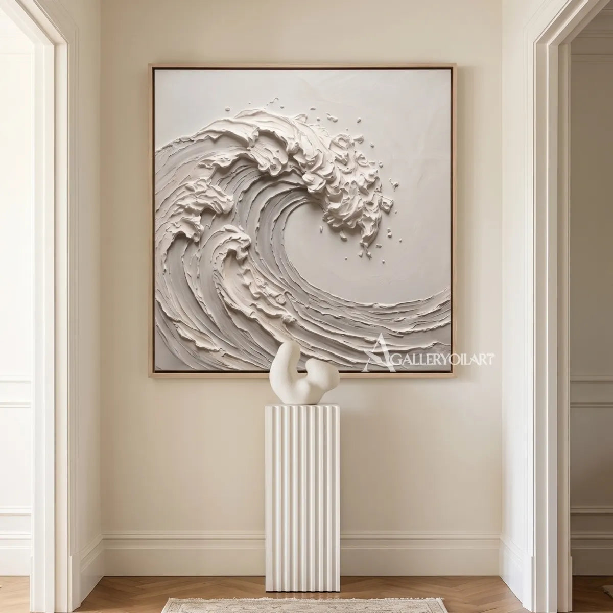 Sea beach art showing a sculpted curling wave in warm beige tones in a hallway