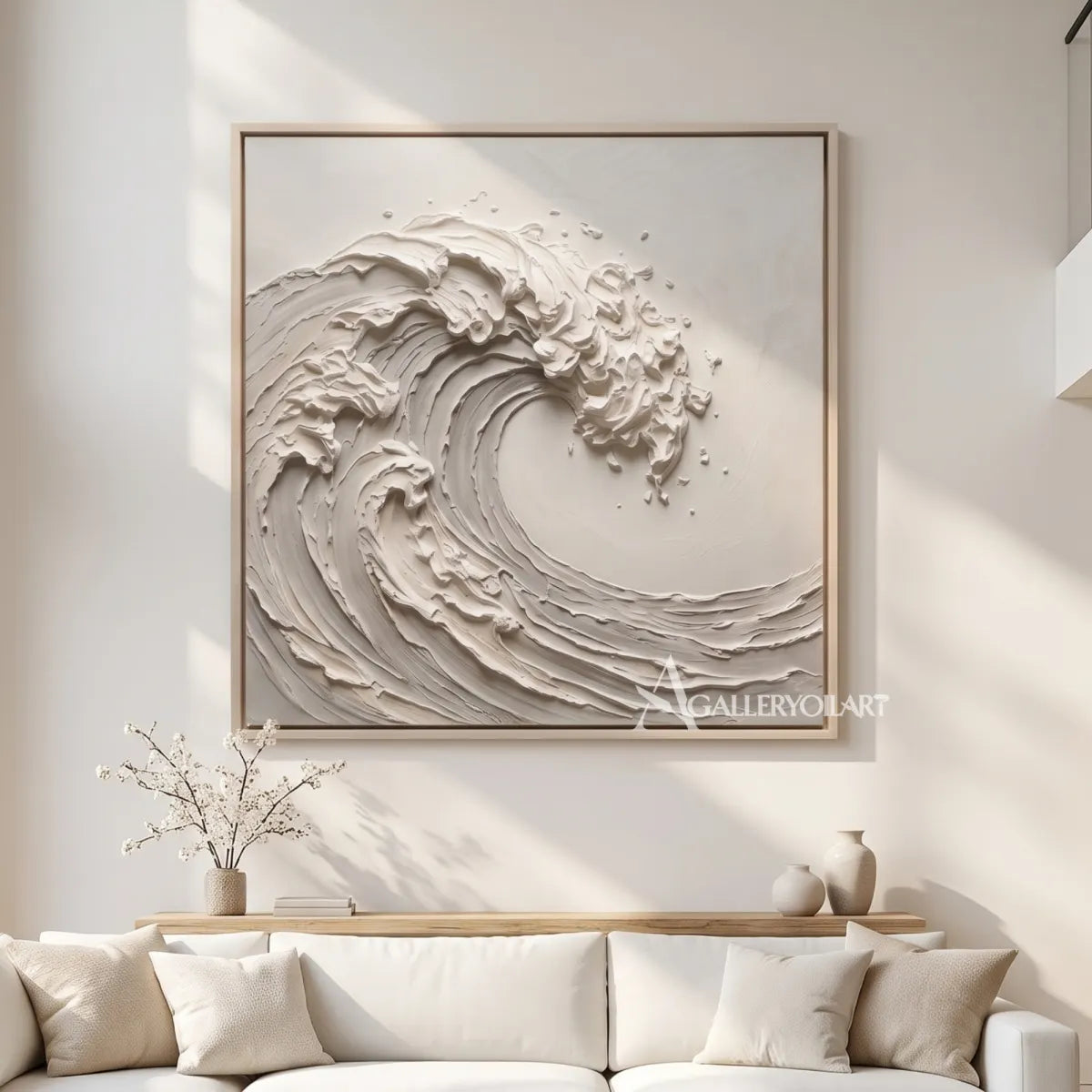 Sea beach art showing a sculpted curling wave in warm beige tones in a living-room
