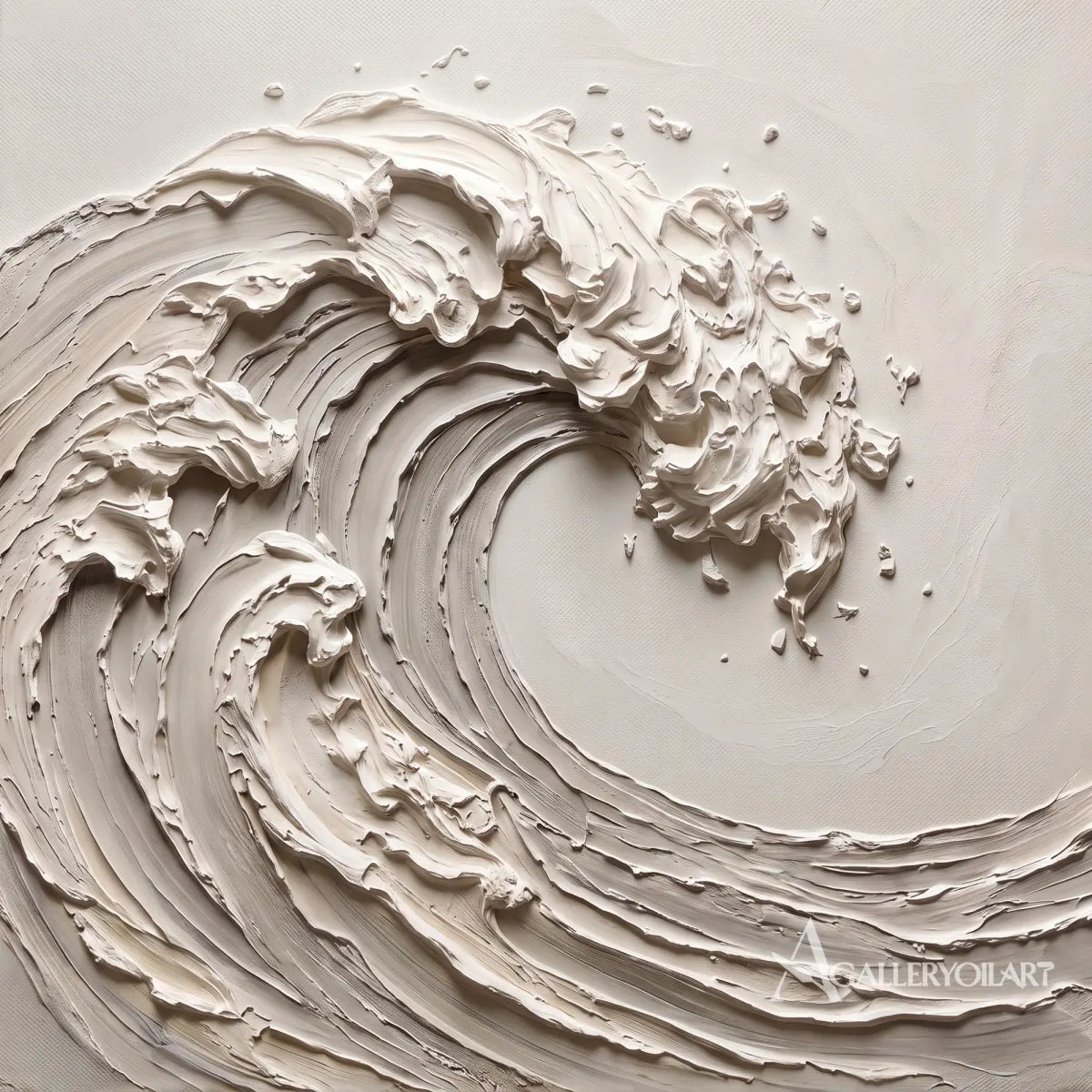 Sea beach art showing a sculpted curling wave in warm beige tones in a close-up view
