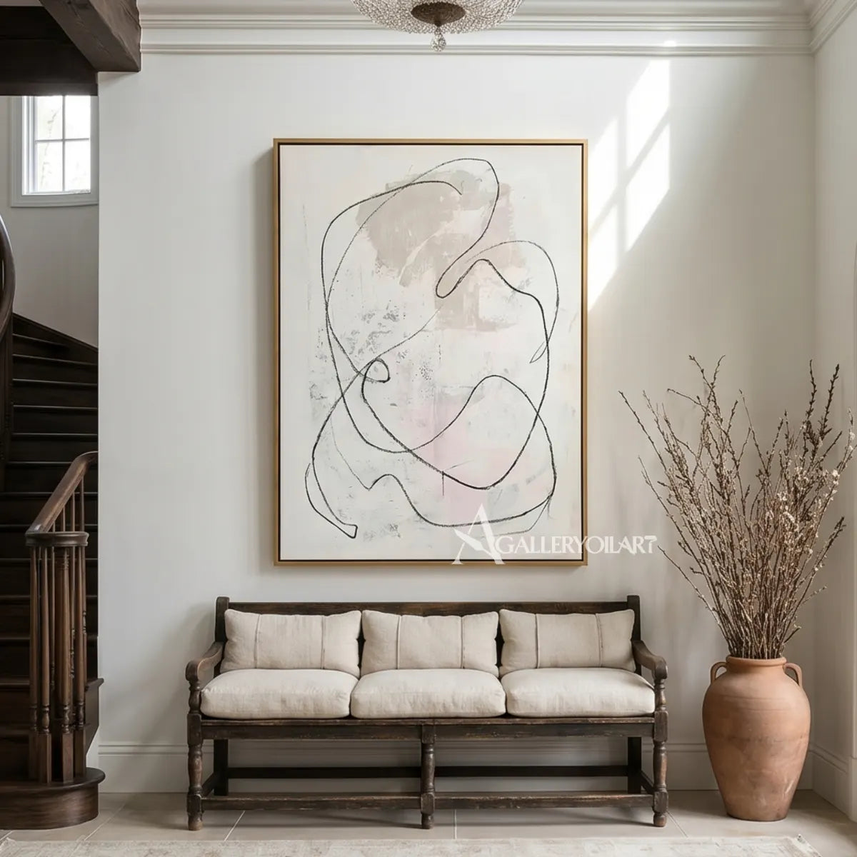 abstract-art-painting-of-a-flowing-charcoal-line-over-a-soft-ivory-field-in-a-entryway