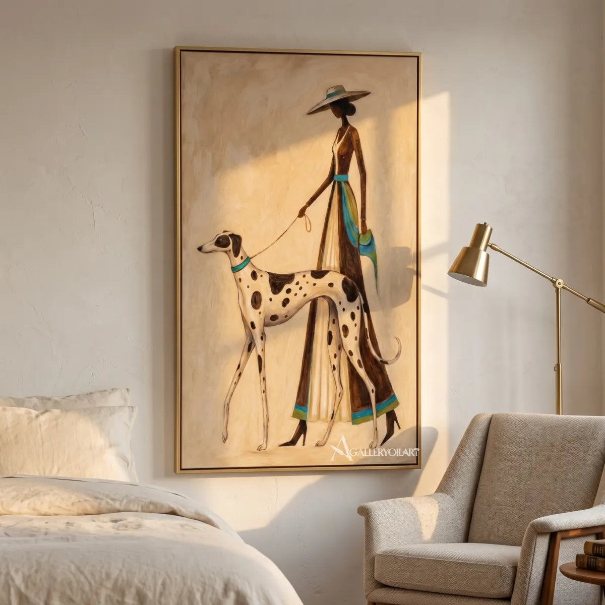 dalmatian-dog-with-elegant-dog-walker-animal-art-Brown-wall-art-in-bedroom-reading-nook