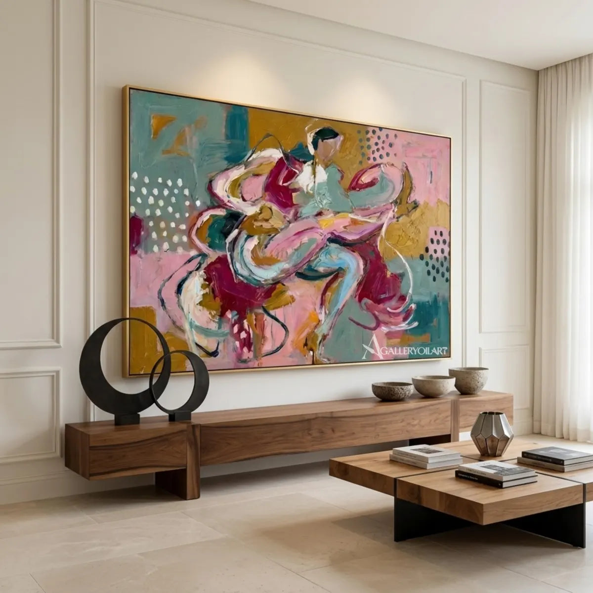 Pop-art-blue-and-pink-dancing-duo-in-a-minimalist-living-room