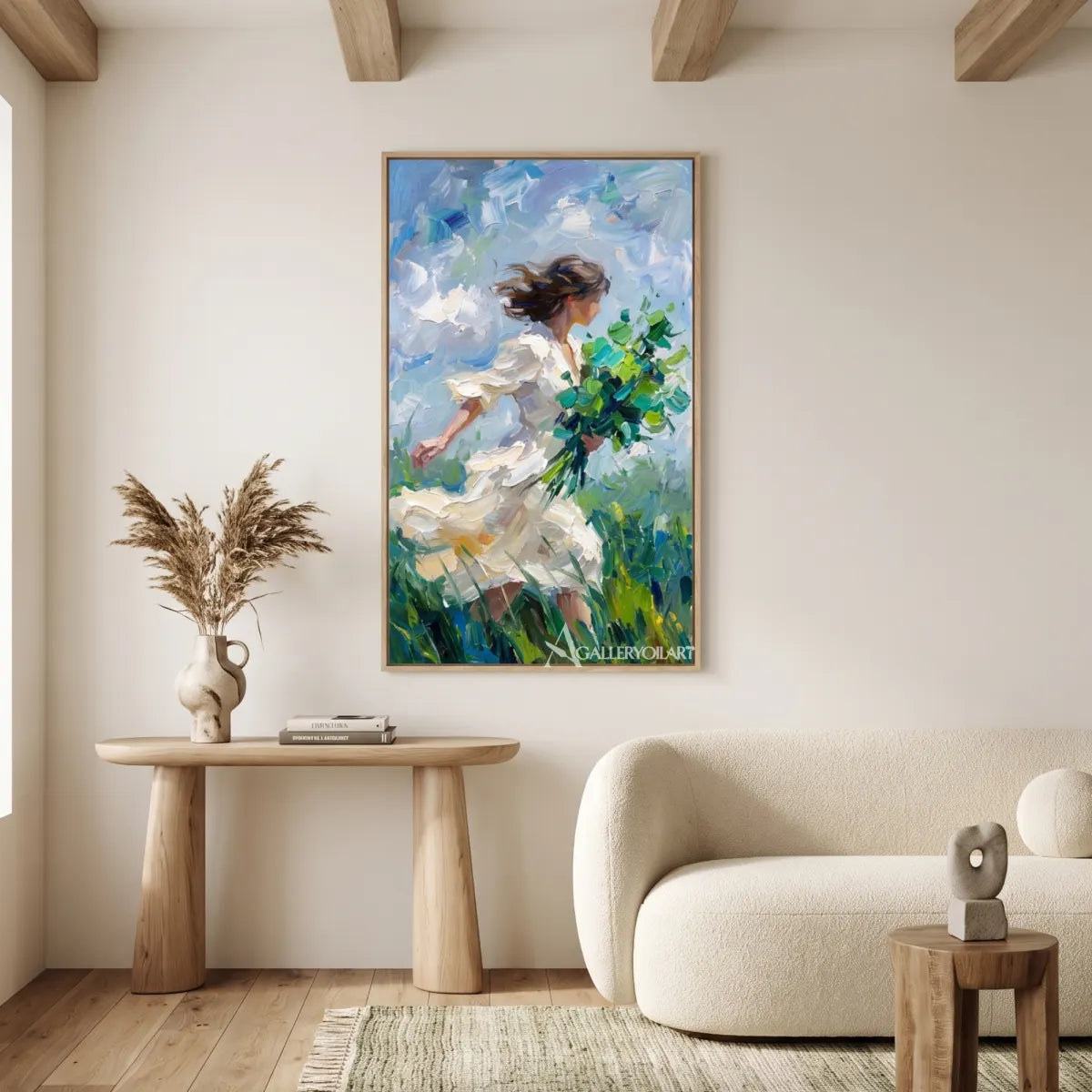 woman-in-flowing-dress-portrait-art-blue-and-white-wall-art-in-a-cozy-interior