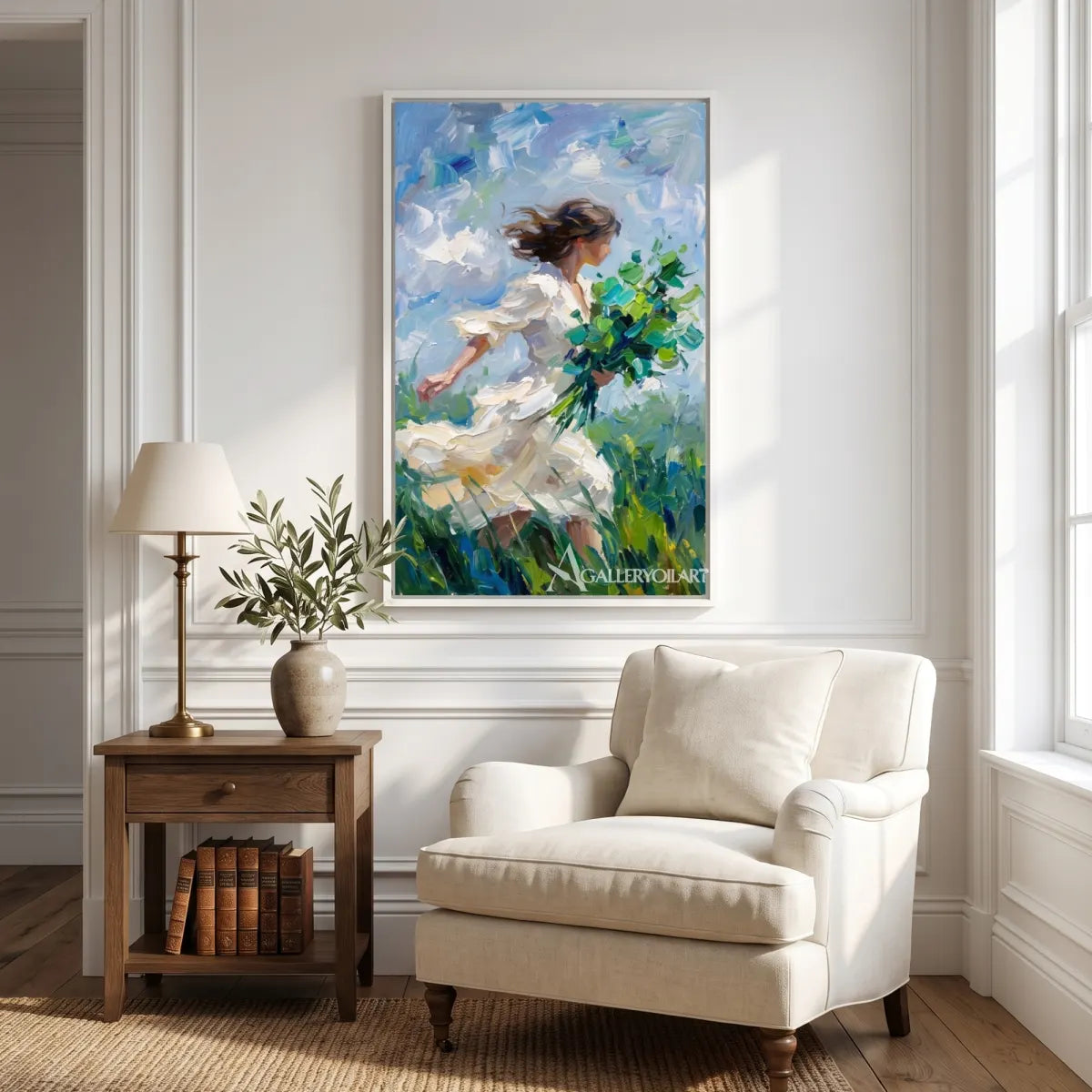 woman-in-flowing-dress-portrait-art-blue-and-white-wall-art-beside-a-reading-chair
