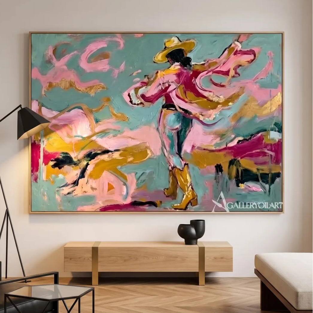 dancing-ribbon-motion-pop-art-pink-wall-art-in-a-minimalist-interior